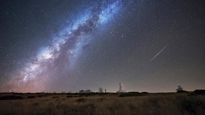 Bing wallpaper August 13, 2026. Perseid meteors over Teide Observatory, Tenerife, Spain (© Westend61/Getty Images)