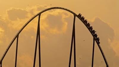 Bing wallpaper August 16, 2021. Silhouette of Shambhala roller coaster at sunset in PortAventura Park, Salou, Tarragona, Spain (© Joaquim F. P./Getty Images)