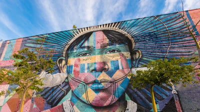 Bing wallpaper April 19, 2024. Mural de Eduardo Kobra ‘Povos Nativos dos 5 continentes’ (© Donatas Dabravolskas/Alamy)