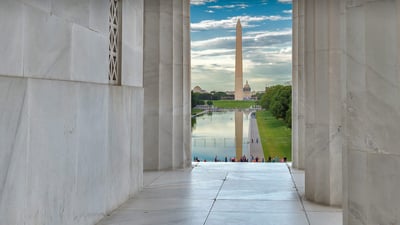 Bing wallpaper February 21, 2022. The Washington Monument seen from the Lincoln Memorial in Washington, DC (© lucky-photographer/Getty Images)