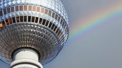 Bing wallpaper July 24, 2026. Fernsehturm am Alexanderplatz mit Regenbogen, Berlin (© fhm/Getty Images)