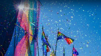 Bing wallpaper June 28, 2023. Rainbow flags and confetti, Reykjavík, Iceland (© Arctic-Images/Getty Images)