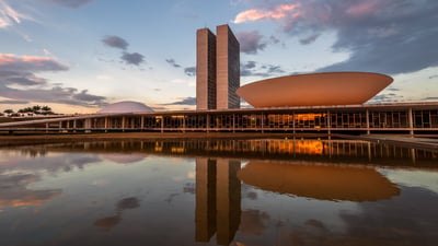 Bing wallpaper October 28, 2025. Congresso Nacional ao pôr do sol, Brasília, Distrito Federal (© Diego Grandi/Shutterstock)