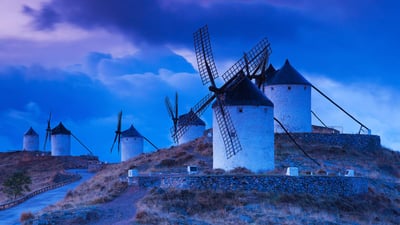 Bing wallpaper January 13, 2020. Windmills in the province of Toledo, Spain (© Jon Arnold/Danita Delimont)