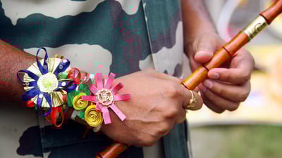 Bing wallpaper August 2, 2020. Officer wearing a rakhi on his wrist during rakshabandhan (© Jaipal Singh/EPA/Shutterstock)