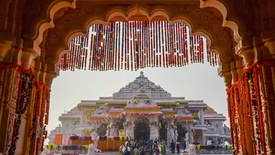 Bing wallpaper April 16, 2024. Ram Mandir, Ayodhya, Uttar Pradesh (© Ritesh Shukla/Stringer/Getty Images)
