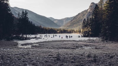 Bing wallpaper December 29, 2019. Ice skaters on Hintersee, a lake in Ramsau, Berchtesgadener Land, Bavaria, Germany (© Jana Mänz/Westend61/Offset)