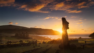 Bing wallpaper September 14, 2024. Sunrise at Ahu Tongariki, Rapa Nui National Park, Easter Island, Chile (© Piriya Photography/Getty Images)