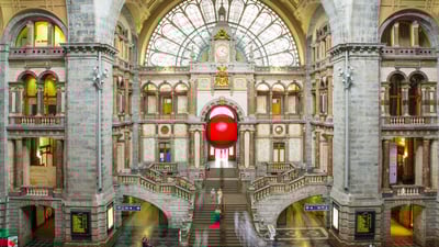 Bing wallpaper April 15, 2024. The RedBall Project art installation, Centraal Station, Antwerp, Belgium (© Brit Worgan/Getty Images)