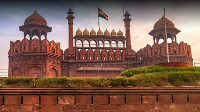 Bing wallpaper August 14, 2024. Red Fort Delhi front view with Indian National Flag (© Roop Dey/Alamy Stock Photo)
