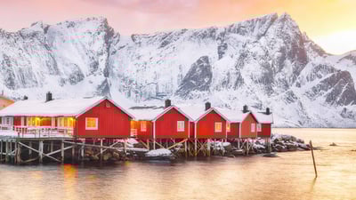 Bing wallpaper December 17, 2024. Traditional red fishermen's cabins on the shore of Reinefjorden, Norway (© Pilat666/Getty Images)
