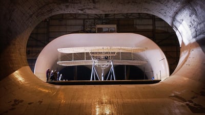 Bing wallpaper August 19, 2019. Replica of the Wright Flyer undergoing aerodynamic tests at NASA's Langley Research Center, Virginia (© Chuck Thomas/Science Photo Library)