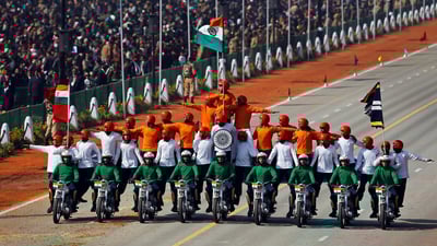 Bing wallpaper January 25, 2020. Military motorcycle stunt riders at Rajpath, on Republic Day 2013 (© AP Photo/Kevin Frayer)