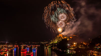 Bing wallpaper August 7, 2026. Rhein in Flammen vor Schloss Stolzenfels bei Koblenz, Rheinland-Pfalz (© Jule_Berlin/Shutterstock)