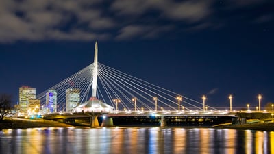 Bing wallpaper April 17, 2019. The Esplanade Riel Bridge in downtown Winnipeg (© Design Pics Inc/Alamy Stock Photo)