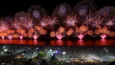Bing wallpaper December 31, 2024. New Year's Eve fireworks over Copacabana Beach, Rio de Janeiro, Brazil (© Wagner Meier/Getty Images)