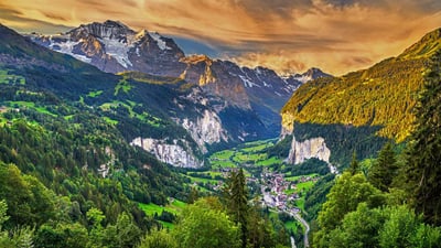 Bing wallpaper March 25, 2022. Lauterbrunnen Valley in the Swiss Alps (© Leonid Andronov/Getty Images)