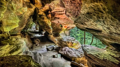 Bing wallpaper July 31, 2023. Rock House, Hocking Hills State Park, Ohio (© Kenneth Keifer/Getty Images)