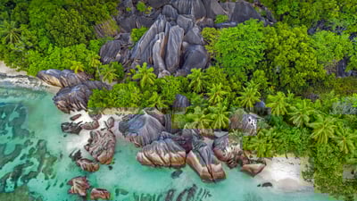 Bing wallpaper June 29, 2021. Rocks on Anse Source d'Argent beach, La Digue Island, Seychelles (© Roland Gerth/eStock Photo)