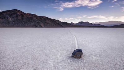 Bing wallpaper August 27, 2020. Sailing stone at Racetrack Playa in Death Valley National Park, California (© Patrick Walsh/Getty Images)