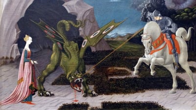 Bing wallpaper April 22, 2024. Painting titled 'Saint George and the Dragon' by Paolo Uccello (© Photo 12/Universal Images Group via Getty Images)