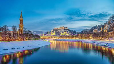 Bing wallpaper December 4, 2021. Salzburg with Salzach river, Austria (© MacEaton/Alamy)