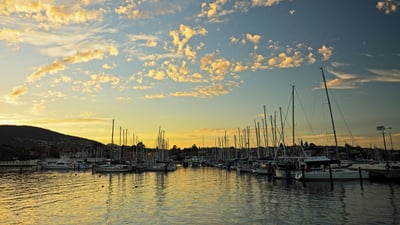 Bing wallpaper February 6, 2021. Dusk over a marina in Sandy Bay, Hobart, Tasmania (© Jochen Schlenker/Masterfile)