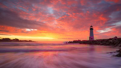 Bing wallpaper January 22, 2024. Winter sunrise, Walton Lighthouse, Santa Cruz, California (© Jeff Lewis/Tandem Stills + Motion)