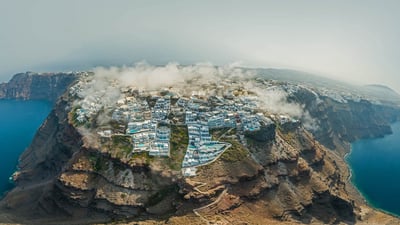 Bing wallpaper April 8, 2020. Aerial view of Santorini, Greece (© Amazing Aerial Agency/Offset)