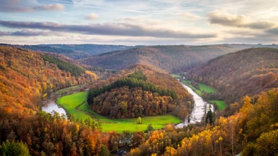 Bing wallpaper November 27, 2024. Tombeau du Géant (Giant's Tomb) in autumn, Bouillon, Belgium (© David Briard/Getty)