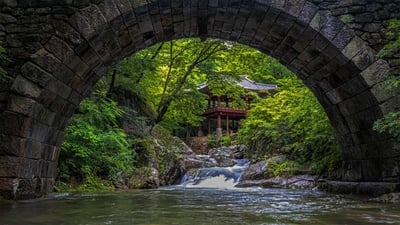 Bing wallpaper June 16, 2022. Seungseon Bridge at Seonam Temple in Jogyesan Provincial Park, South Korea (© Aaron Choi/Getty Images)