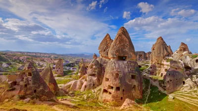 Bing wallpaper March 2, 2020. Fairy chimneys and cave dwellings in Uçhisar, Cappadocia, Turkey (© Ivan Kmit/Alamy)