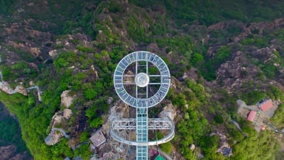 Bing wallpaper June 26, 2021. Glass sightseeing platform in Shilinxia Scenic Area, Pinggu District of Beijing, China (© STR/AFP via Getty Images)