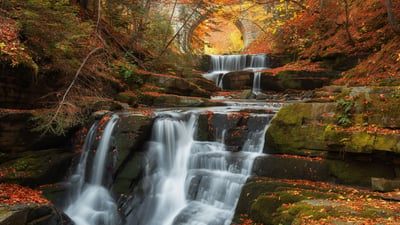 Bing wallpaper October 25, 2026. Autumn waterfalls near Sitovo, Plovdiv Province, Bulgaria (© Nadya85/Getty Images)