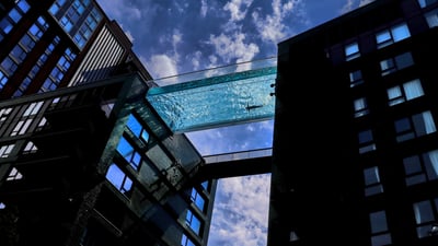 Bing wallpaper August 5, 2021. The Sky Pool at Embassy Gardens in London, England (© Xinhua News Agency/Getty Images)