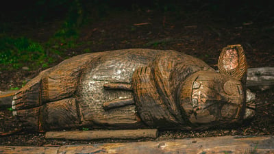 Bing wallpaper March 3, 2022. Gruffalo sculpture, Whinlatter Forest National Park, Lake District (© Philip Moran/Alamy Stock Photo)