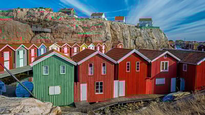 Bing wallpaper August 14, 2019. Fishing huts in Smögen, Sweden (© Martin Wahlborg/Getty Images Plus)