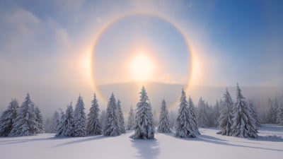 Bing wallpaper December 20, 2024. Halo around the sun, Ore Mountains, Saxony, Germany (© Martin Ruegner/Getty Images)