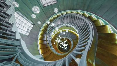 Bing wallpaper December 15, 2020. Cecil Brewer spiral staircase at Heal's furniture store, Tottenham Court Road, London (© Matt Cooper/Gallery Stock)