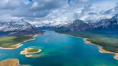 Bing wallpaper March 30, 2020. Aerial view of Spray Lakes Reservoir, Mount Assiniboine Provincial Park, Alta. (© Spondylolithesis/Getty Images)
