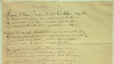 Bing wallpaper March 12, 2021. Manuscrit du poème « Les Voyelles » par Arthur Rimbaud (1854-1891), Musée Arthur Rimbaud, Charleville-Mezieres (© Photo by: Christophel Fine Art/Universal Images Group via Getty Images)