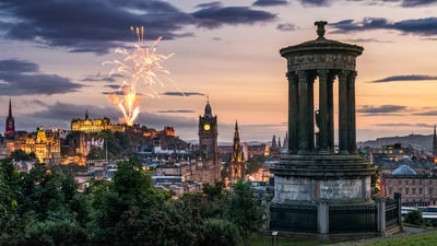 Bing wallpaper November 30, 2025. Fireworks over Edinburgh seen from Calton Hill, Scotland (© georgeclerk/E+/Getty Images)