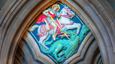 Bing wallpaper April 22, 2019. Painted relief of St George and the Dragon at Lincoln Cathedral (© Michael Foley/Alamy)