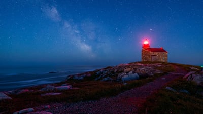 Bing wallpaper May 5, 2020. An old lighthouse under the starry sky in Rose Blanche, Nfld. (© Adam Woodworth/Cavan)