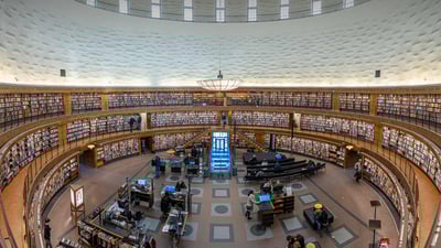 Bing wallpaper September 8, 2024. Interior of the Stockholm Public Library, Sweden (© Andrei Hrabun/Alamy)