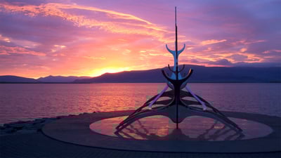 Bing wallpaper June 21, 2019. Sun Voyager sculpture by Jón Gunnar Árnason in Reykjavik, Iceland (© Martin Child/Getty Images Plus)