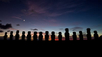 Bing wallpaper January 23, 2023. Moai statues on Easter Island, Chile (© Karine Aigner/Tandem Stills + Motion)