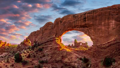 Bing wallpaper April 12, 2024. Evening light over North Window with Turret Arch in the distance, Arches National Park, Utah (© Anthony Heflin/Shutterstock)