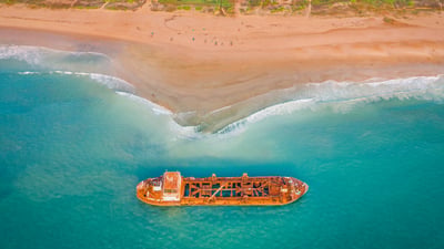 Bing wallpaper August 31, 2026. The stranded wreck at Surathkal Beach, Karnataka (© Amith Nag Photography/Moment/Getty Images)