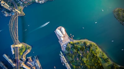 Bing wallpaper March 30, 2025. Aerial view of Sydney Harbour, New South Wales, Australia (© jamenpercy/Getty Images)